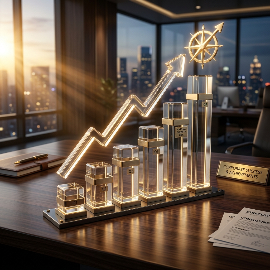 A professional business growth concept showing ascending bar charts and upward trending graphs made of glass and metal on a dark polished desk, golden light rays, success and achievement symbolism, corporate consulting theme, photorealistic, no people